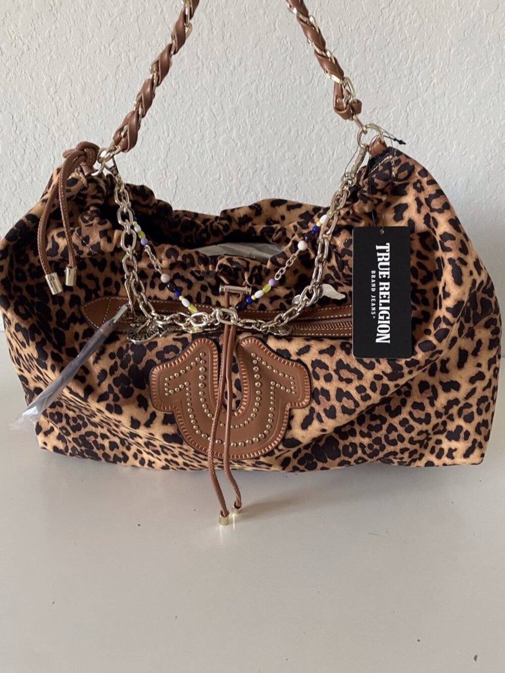 True Religion Leopard Print Large Hobo Satchel Shoulder Bag With Chain & Charms